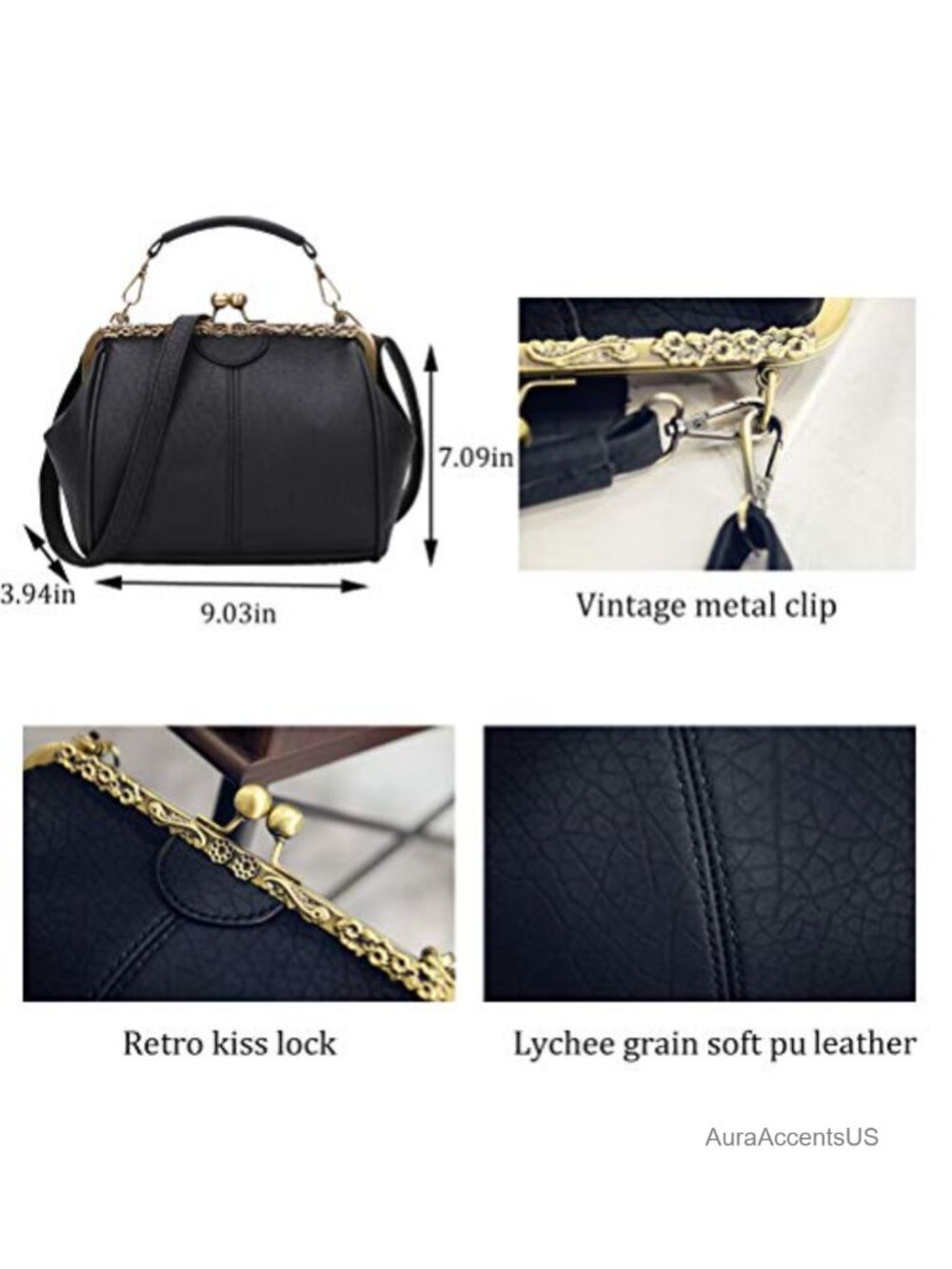 Vintage PU Leather Kiss Lock Crossbody Bag with Detachable Straps - Picture 2 of 6